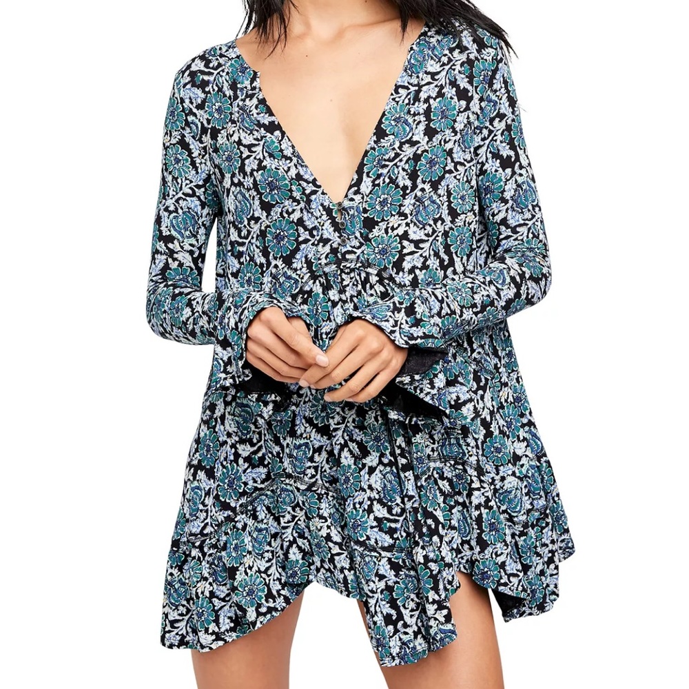 Free People Olivia Deep Sea Combo Tunic Top Mini Dress XS Long Sleeve Floral